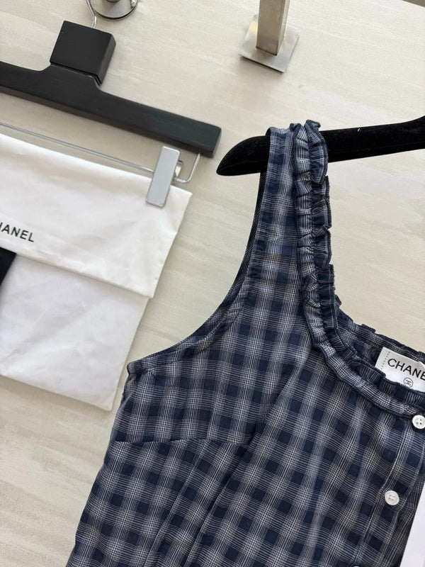 CC 2026 Checkered Ruffled Camisole Navy Blue Cotton