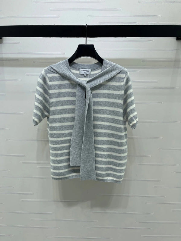 CC 2026 Shawl-Style Striped Knit Short-Sleeve Top Viscose 677747