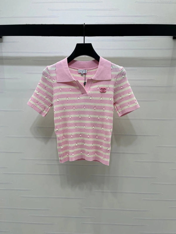 CC 2026 Striped Collared Knit Short-Sleeve T-Shirt Cotton 677728