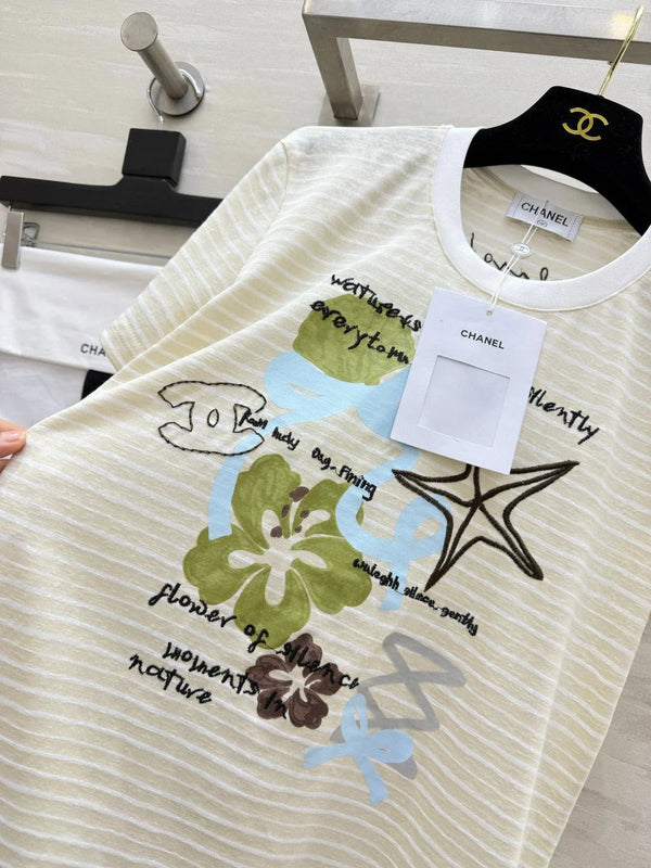 CC 2026 Striped Print Short-Sleeve T-Shirt Cream Blue Green Cotton