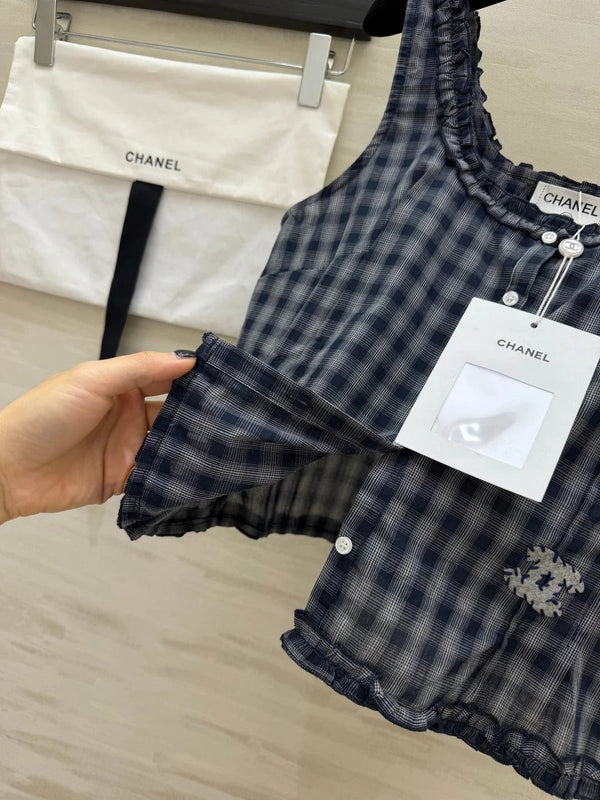 CC 2026 Checkered Ruffled Camisole Navy Blue Cotton