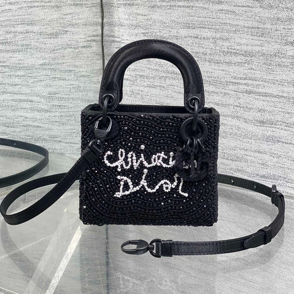 CD 2026 Lady Art Mini Bag 12cm Black Cotton Leather 352144