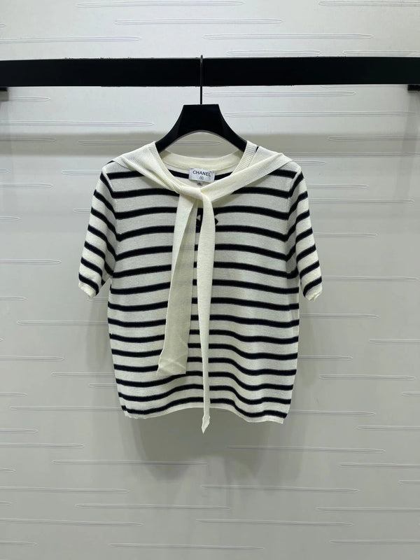 CC 2026 Shawl-Style Striped Knit Short-Sleeve Top Viscose 677747