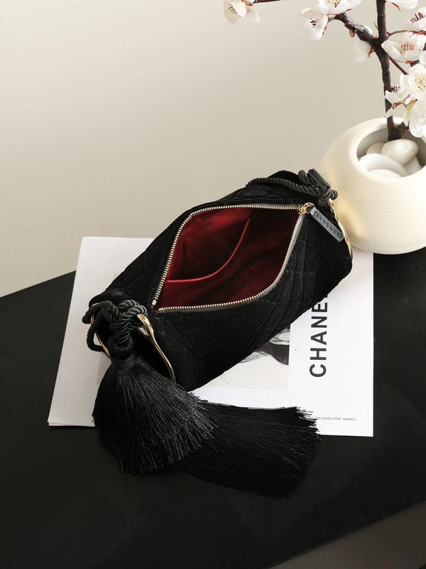 CC 2026 Tassel Cylindrical Bag 23.5cm Black Velvet