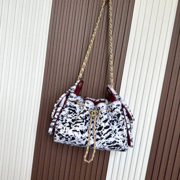 CC 2026 Leopard Print Hobo Bag 22cm White Black Ponyhair Leather