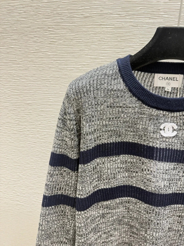 Chanel 2026 Striped Crew Neck Knit Long Sleeve Gray Wool 244670
