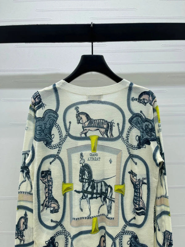 HM 2026 Horse Print Long Sleeve Top Cream Blue Wool 417088