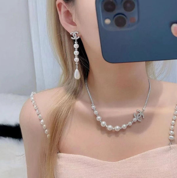 CC Silver Rhinestone Double C Tassel Pearl Earrings