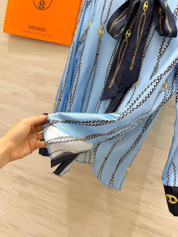 HM 2026 Chain Print Ribbon Shirt Blue Silk 408796