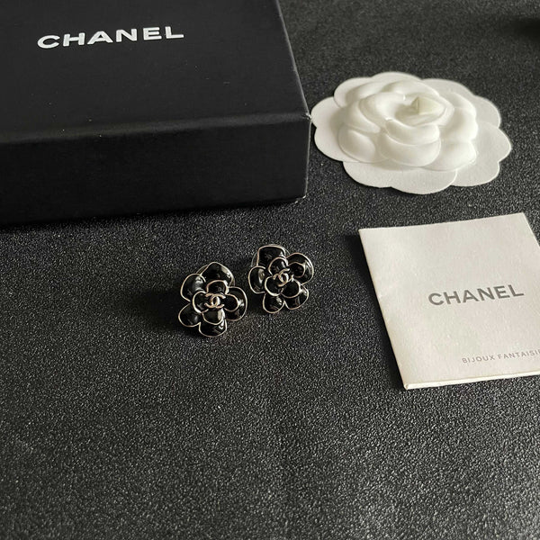 CC Camellia Double C Black Gold Earrings