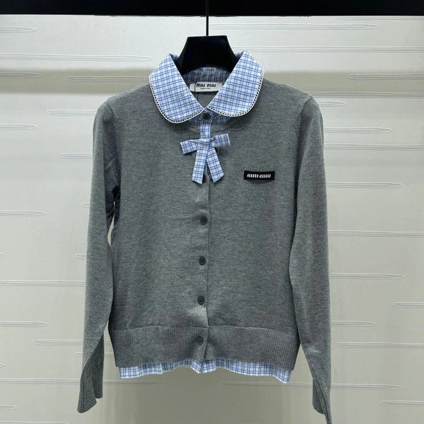 Miu 2026 Two-piece Plaid Knit Cardigan Grey Blue Wool 415917