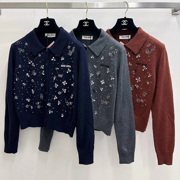 Miu 2026 Heavy Sequined Cardigan with Logo Pattern Embellishment Wool 838810