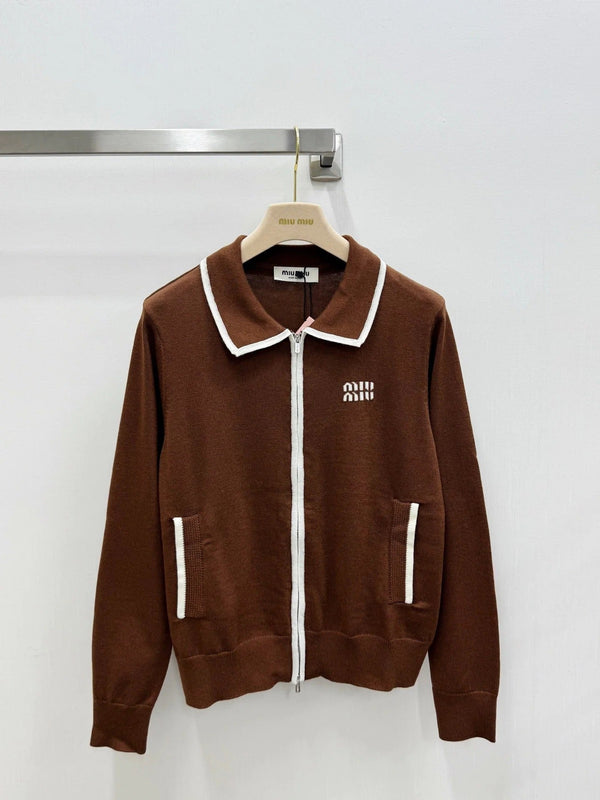 Miu 2026 Polo Collar Cardigan with Logo Pattern Wool 838823