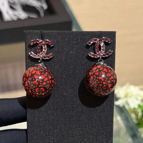 CC Double C Deep Red and Black Resin Ball Earrings
