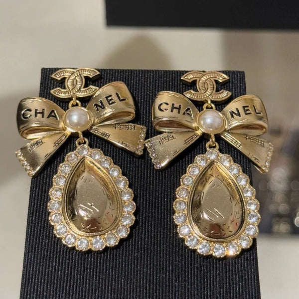 CC Gold Bow Pearl Letter Carved Double C Teardrop Crystal Earrings