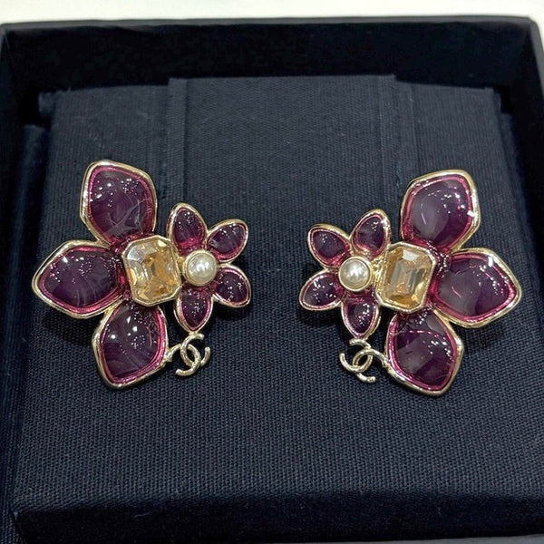 CC 2026 Double C Pink Asymmetrical Flower Stud Earrings