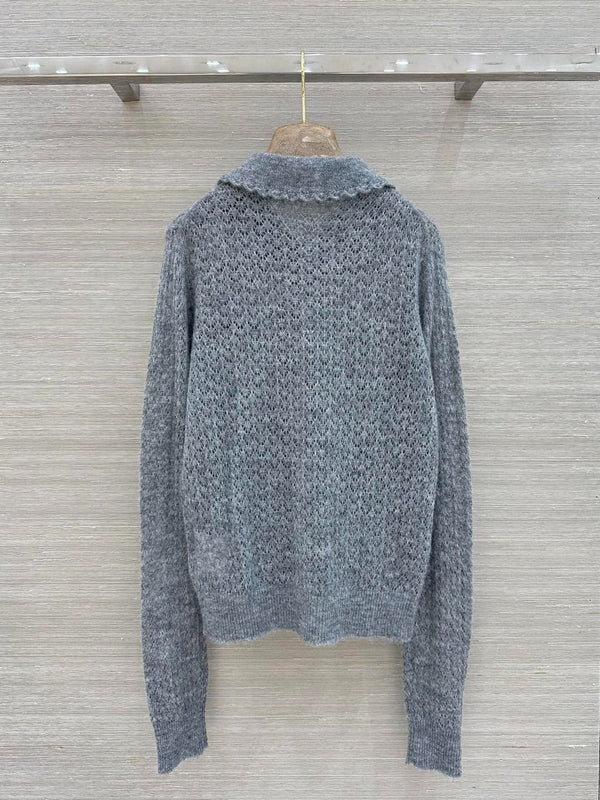 Miu 2026 Lace-trimmed Collared Knit Cardigan Grey Wool 837496
