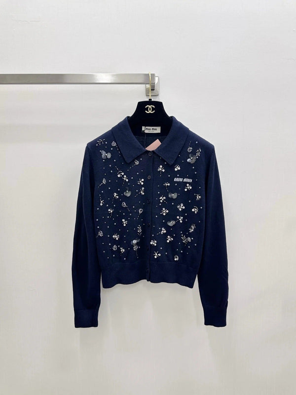 Miu 2026 Heavy Sequined Cardigan with Logo Pattern Embellishment Wool 838810