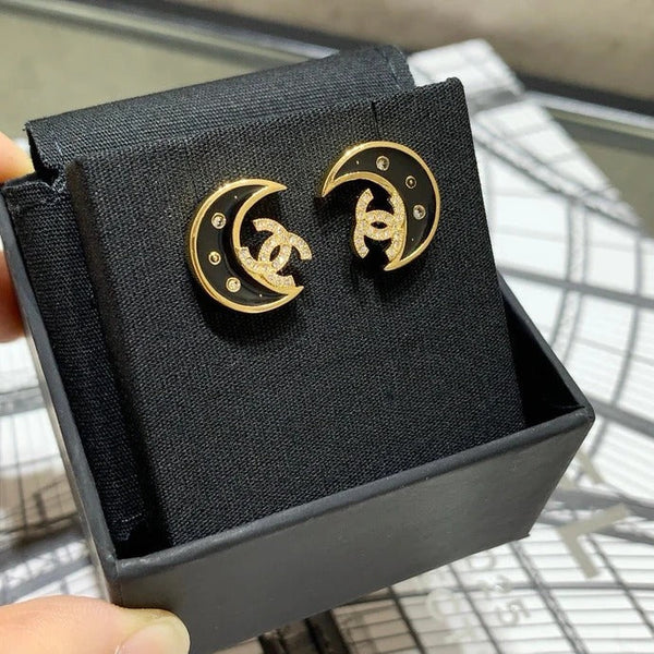 CC Black Enamel Full Diamond Double C Moon Earrings