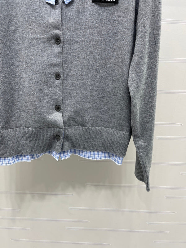 Miu 2026 Two-piece Plaid Knit Cardigan Grey Blue Wool 415917