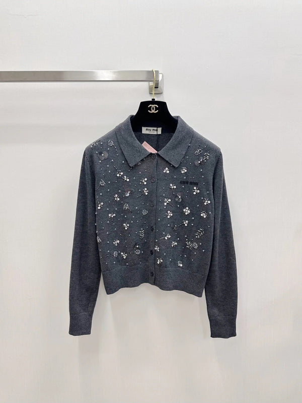 Miu 2026 Heavy Sequined Cardigan with Logo Pattern Embellishment Wool 838810