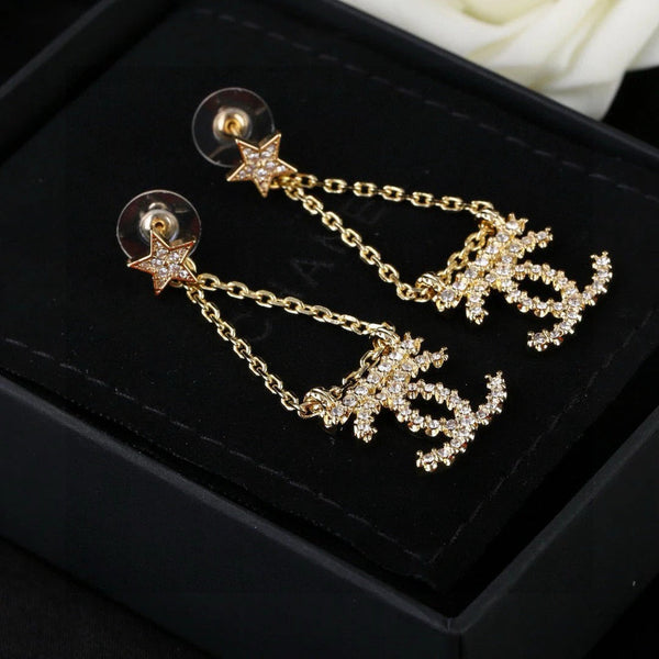 CC Pendant Double C Star Diamond Gold Earrings