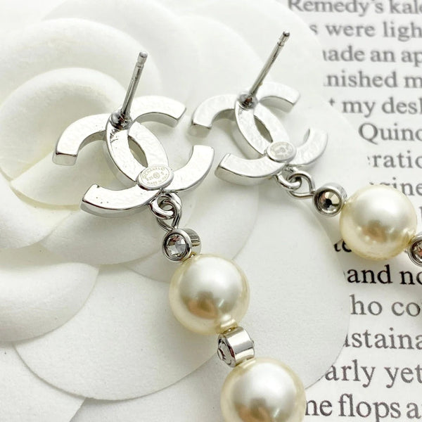 CC Silver Rhinestone Double C Tassel Pearl Earrings