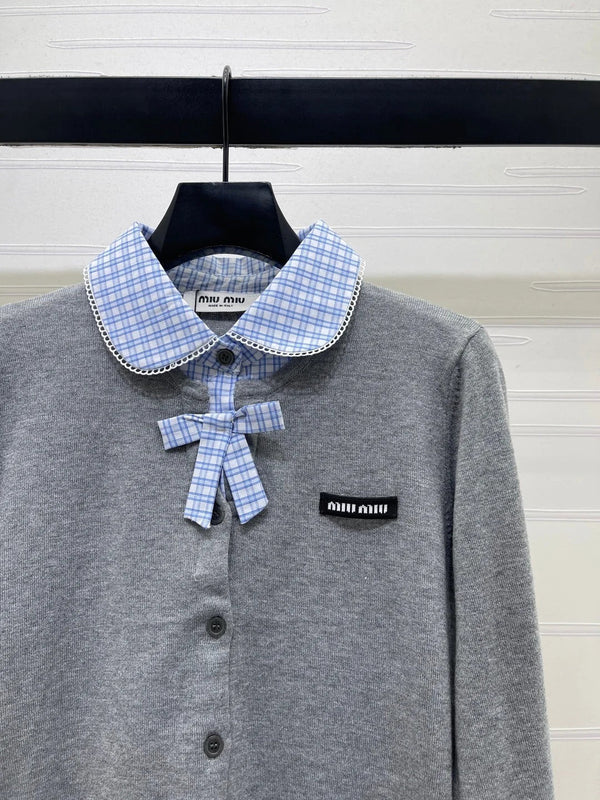 Miu 2026 Two-piece Plaid Knit Cardigan Grey Blue Wool 415917