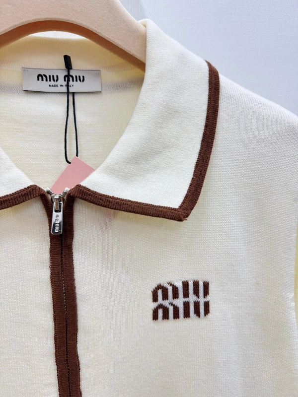 Miu 2026 Polo Collar Cardigan with Logo Pattern Wool 838823