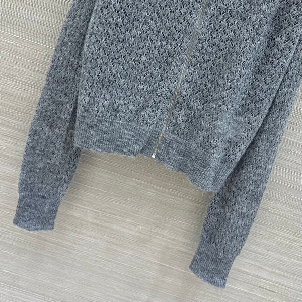 Miu 2026 Lace-trimmed Collared Knit Cardigan Grey Wool 837496