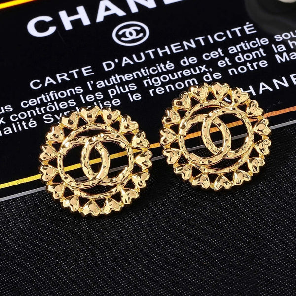 CC Metal Heart Double C Gold Earrings