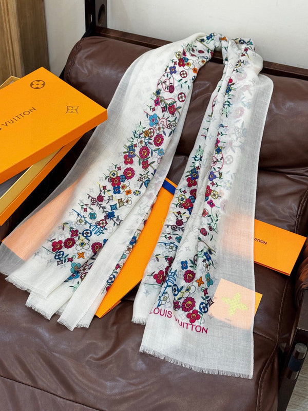LV x TM Monogram Superflat Flowers 140cm White Multicolor Silk Wool 969172