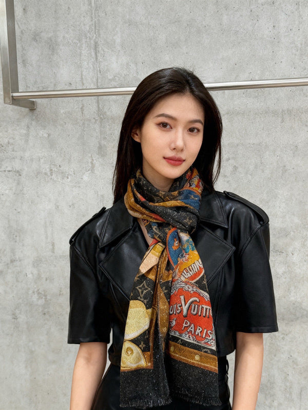 LV Silver Thread Long Scarf 200cm Black Brown Cashmere 969180