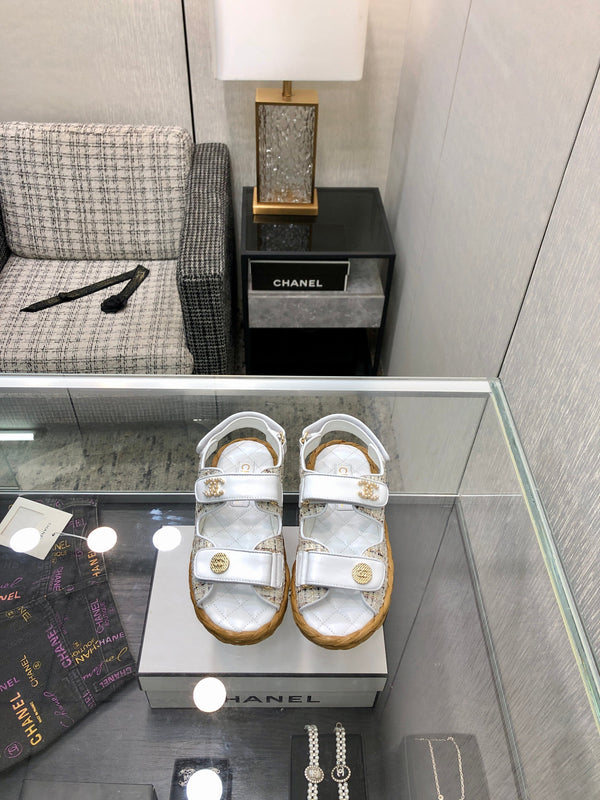VELCRO SANDALS IN WHITE LAMBSKIN AND TWEED FABRIC