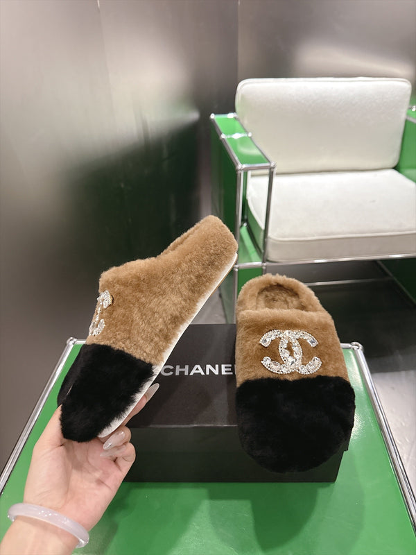 CC 26s Slippers Black Khaki Fur 999412