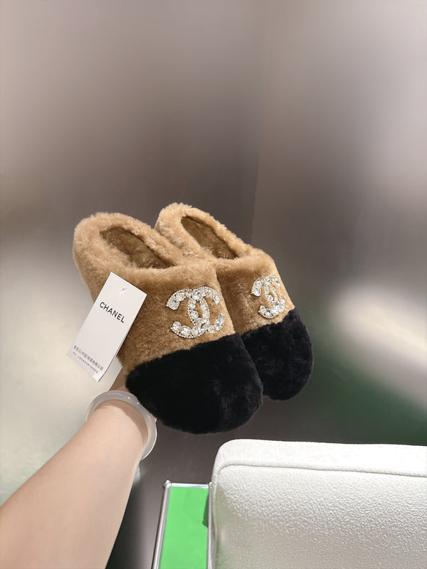 CC 26s Slippers Black Khaki Fur 999412