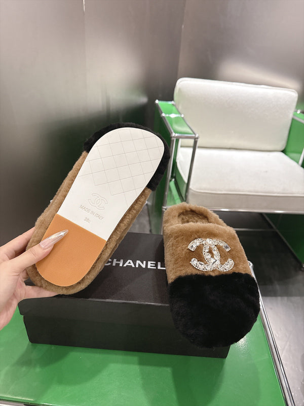 CC 26s Slippers Black Khaki Fur 999412