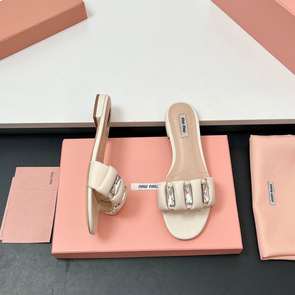 Miu 10mm Slipper with diamonds beige leather 223451