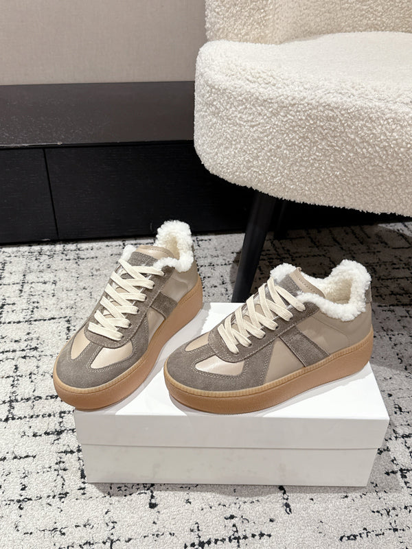MM Platform German Training Shoes 50mm Warm Taupe Suede Sheepskin Fur 558417
