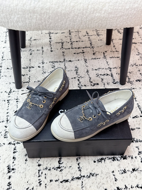 CC Cruise 25/26 Moccasins White Slate Blue Gray Suede