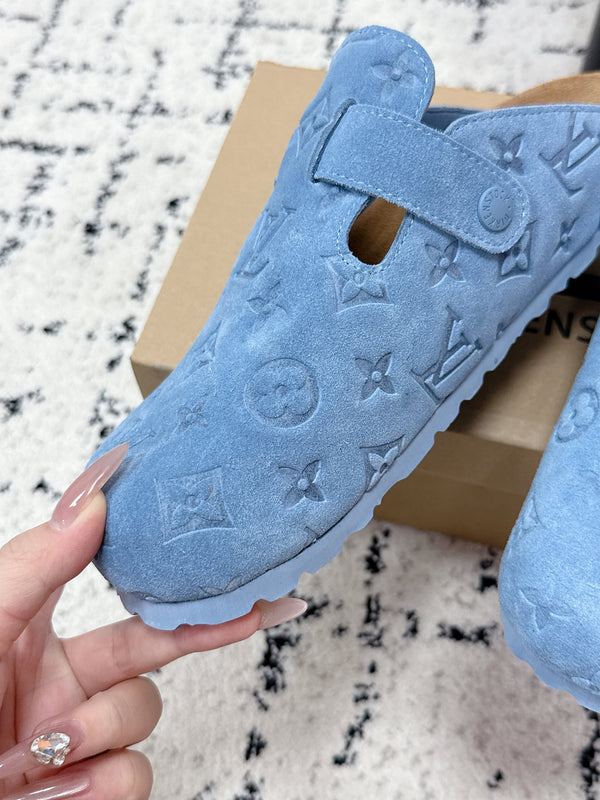 LV Cosy Comfort Mules Blue Brown Monogram Suede 616983