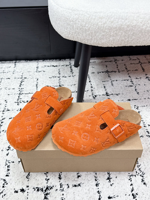 LV Cosy Comfort Mules Orange Brown Monogram Suede 616984