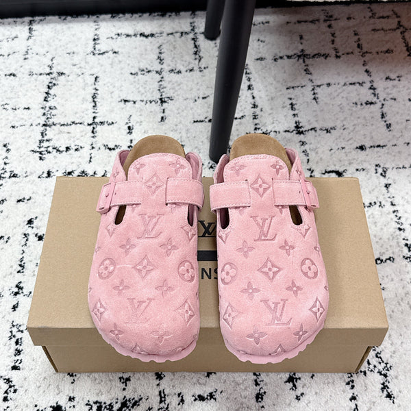 LV Cosy Comfort Mules Pink Brown Monogram Suede 616985