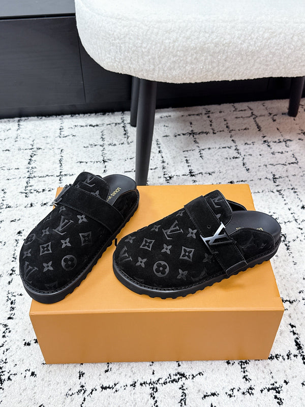LV Cosy Comfort Mules Full Black Monogram Suede 616989