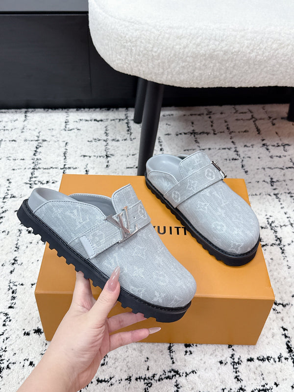 LV Cosy Comfort Mules Light Grey Monogram Denim 616993