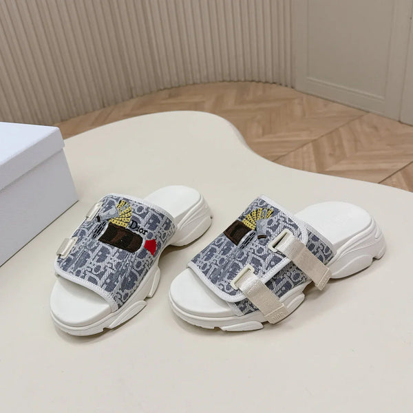 CD 26s Platform Slippers 35 Blue White Canvas Lambskin 643809