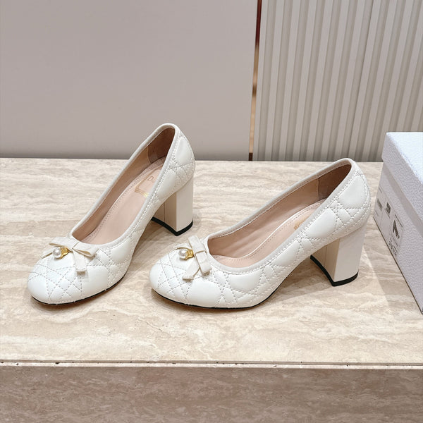 CD 26s Block Heel Pumps 7cm Off White Cannage Quilted Leather 121655