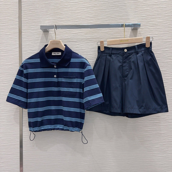 Miu 26s Set Striped Polo Top Short Khahi Blue Cotton 394883