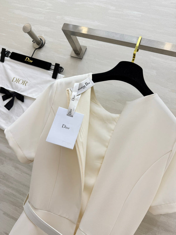 CD 26s Mid-Length Belted Dress White Wool Silk 394159