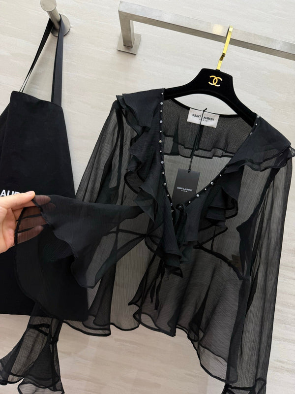 YSL 26s V-neck Ruffle Top Black Mesh 396988